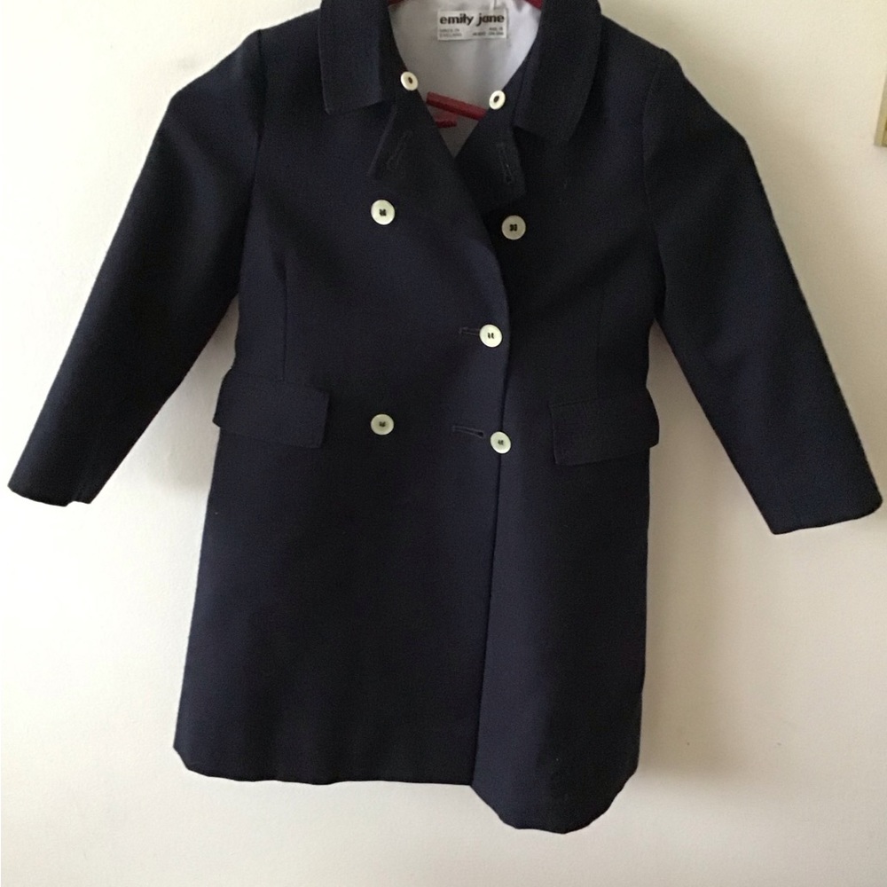 Emily Jane child unisex fine wool coat size 4, navy blue, fully lined.